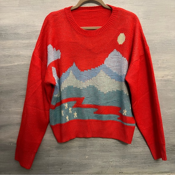 SHEIN Sweaters - SHEIN Red Mountain Pattern Oversized Crew Neck Cropped Sweater Large GC